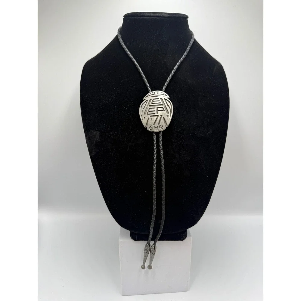 Vintage AHD Geometric Abstract Bolo Tie Black Braided Cord Pewter Tone Western